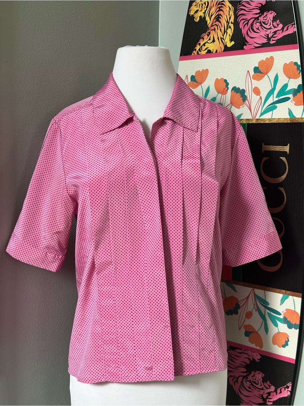 Vintage Polyester JOSEPHINE Black Polka Dot Button Up Pleated Shirt 80s Size 6